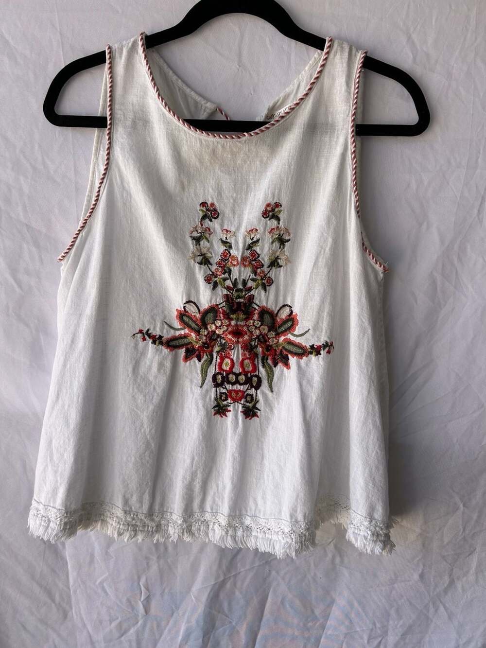 MSSP White Embroidered Boho Tank Top with Tassels and Fringe Trim